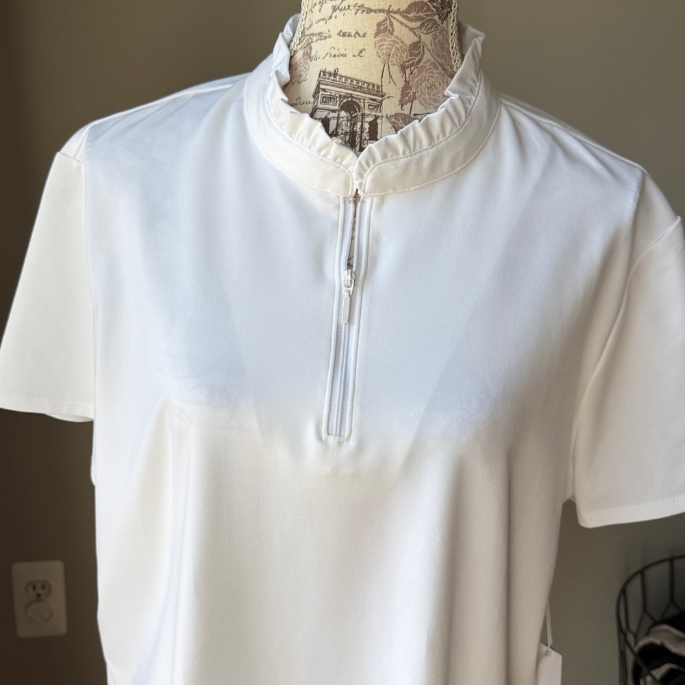 Chico’s UPF Ruffle Collar Polo Zip Short Sleeve SS Top Alabaster Golf Casual - Picture 2 of 6